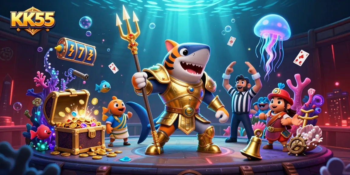 KK55 casino gaming scene with a tiger shark gladiator in an underwater colosseum, engaging players with dynamic visuals.