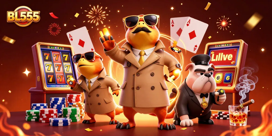Engage with BL555 by observing raptors in a trench coat at a VIP casino, surrounded by vibrant gaming elements.