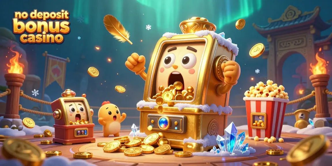 No deposit bonus casino shines with a joyful golden slot machine hitting the jackpot, surrounded by cheering mini machines.