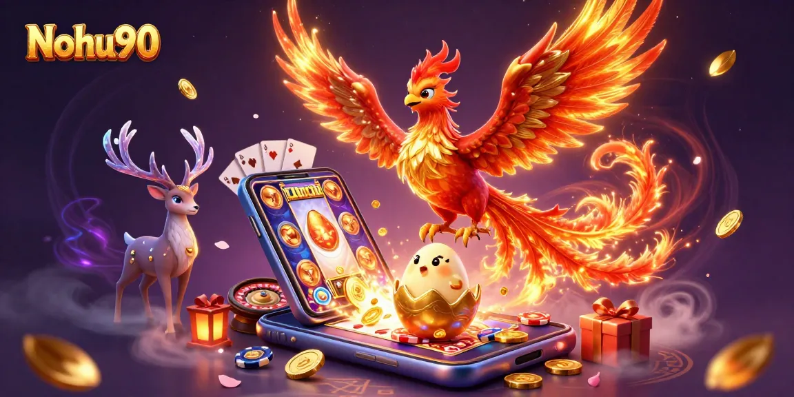 Nohu90 offers thrilling slot games, featuring a phoenix, a baby phoenix, and a mystical stag.